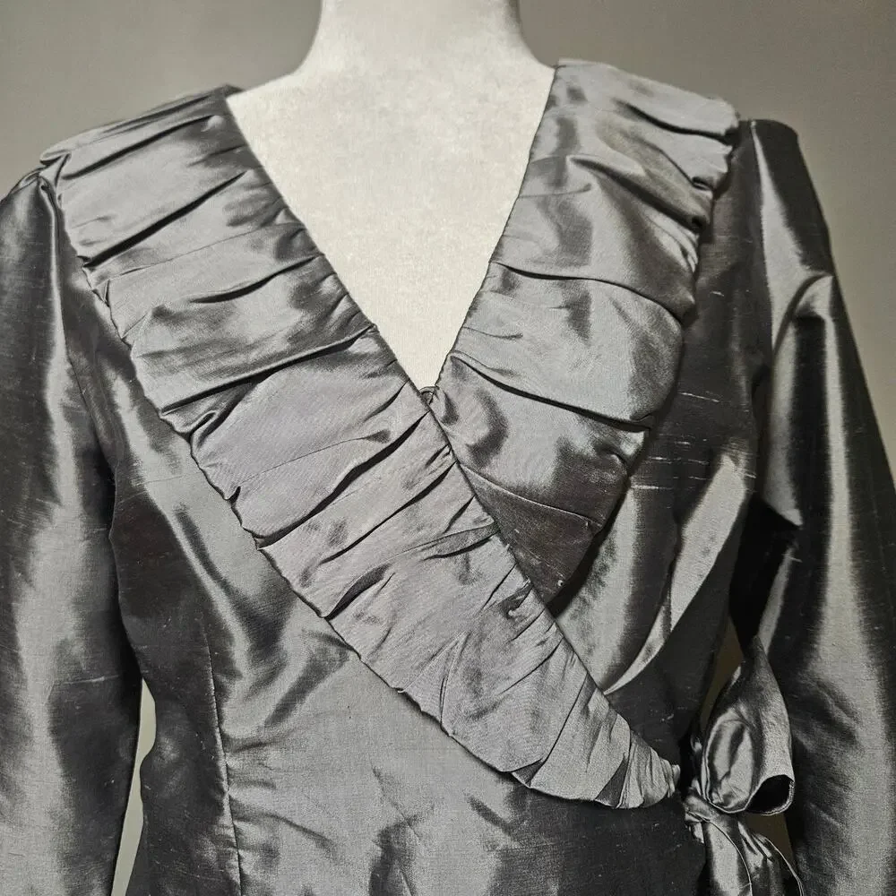 Sunny Taylor Silk Wrap Top Blouse Gray Size‎ 6 Long Sleeve Ruffle Tie